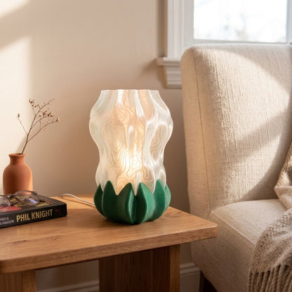 Luma Bloom Lamp — 3D printed flower-shaped table lamp with a glowing translucent shade