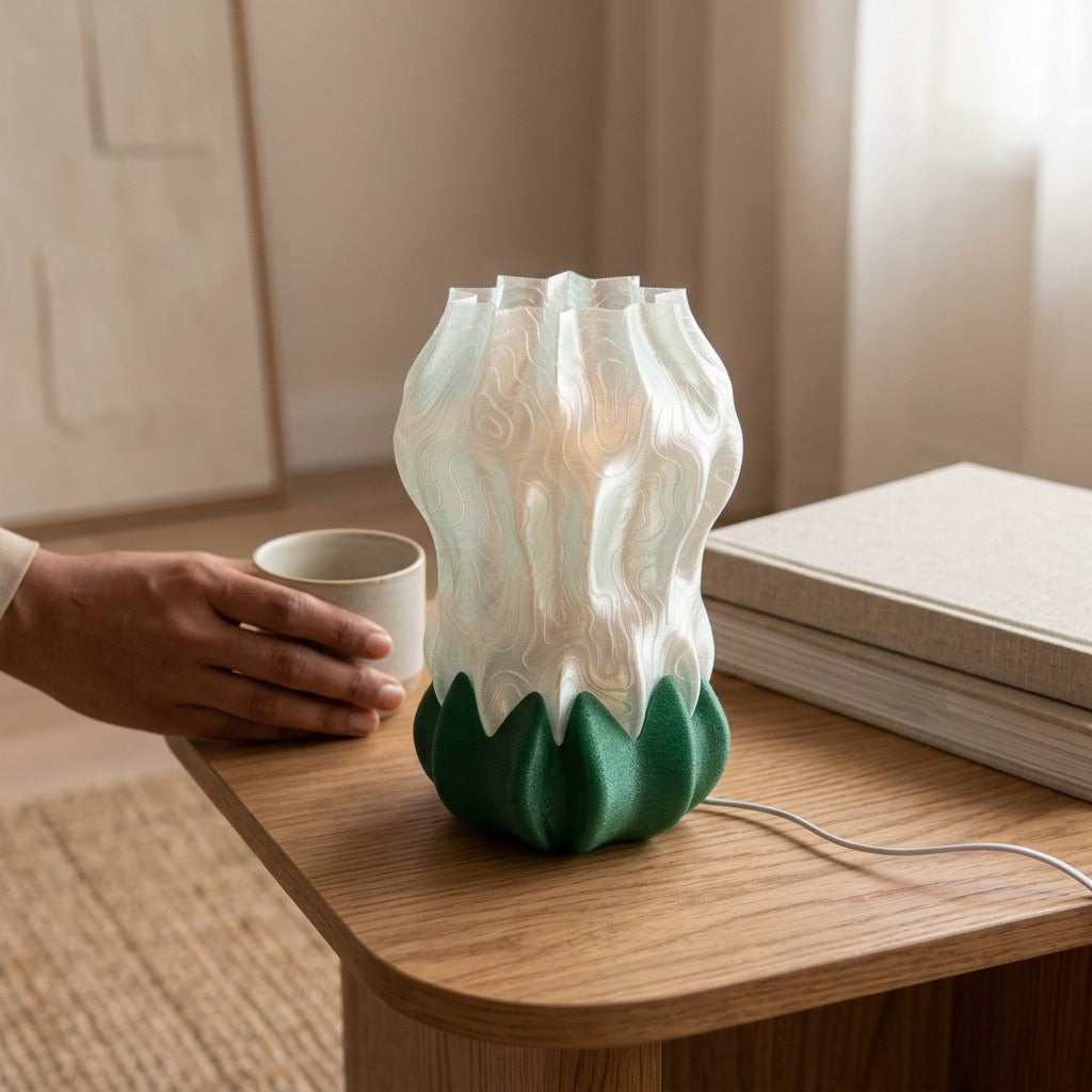 Luma Bloom Lamp — 3D printed flower-shaped table lamp with a glowing translucent shade