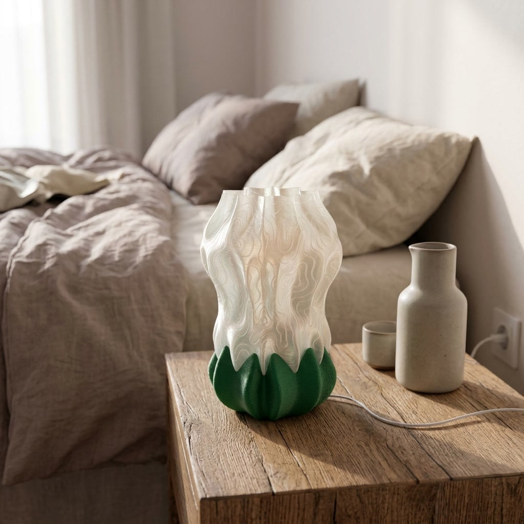 Luma Bloom Lamp — 3D printed flower-shaped table lamp with a glowing translucent shade