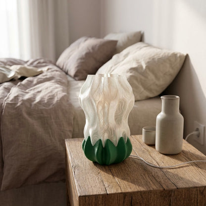 Luma Bloom Lamp — 3D printed flower-shaped table lamp with a glowing translucent shade