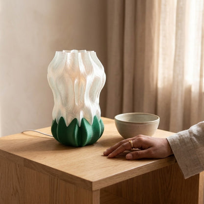 Luma Bloom Lamp — 3D printed flower-shaped table lamp with a glowing translucent shade