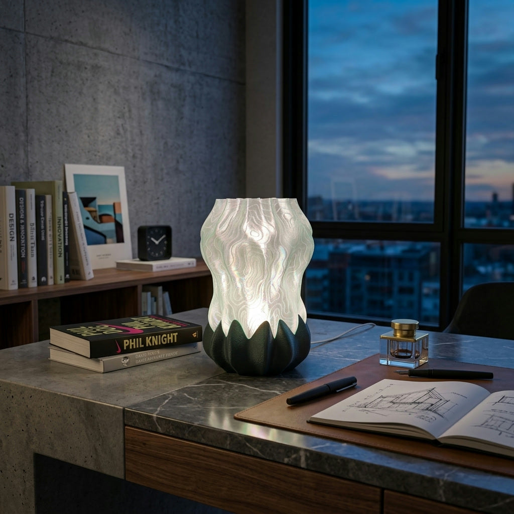 Luma Bloom Lamp — 3D printed flower-shaped table lamp with a glowing translucent shade