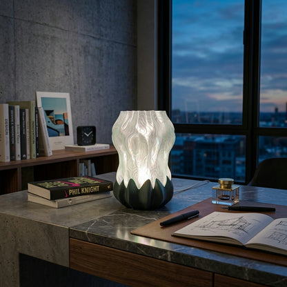 Luma Bloom Lamp — 3D printed flower-shaped table lamp with a glowing translucent shade