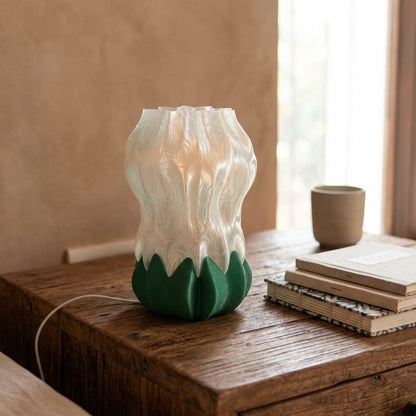 Luma Bloom Lamp — 3D printed flower-shaped table lamp with a glowing translucent shade