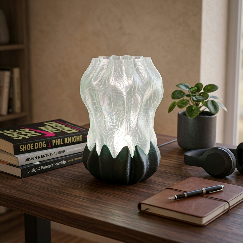 Luma Bloom Lamp — 3D printed flower-shaped table lamp with a glowing translucent shade