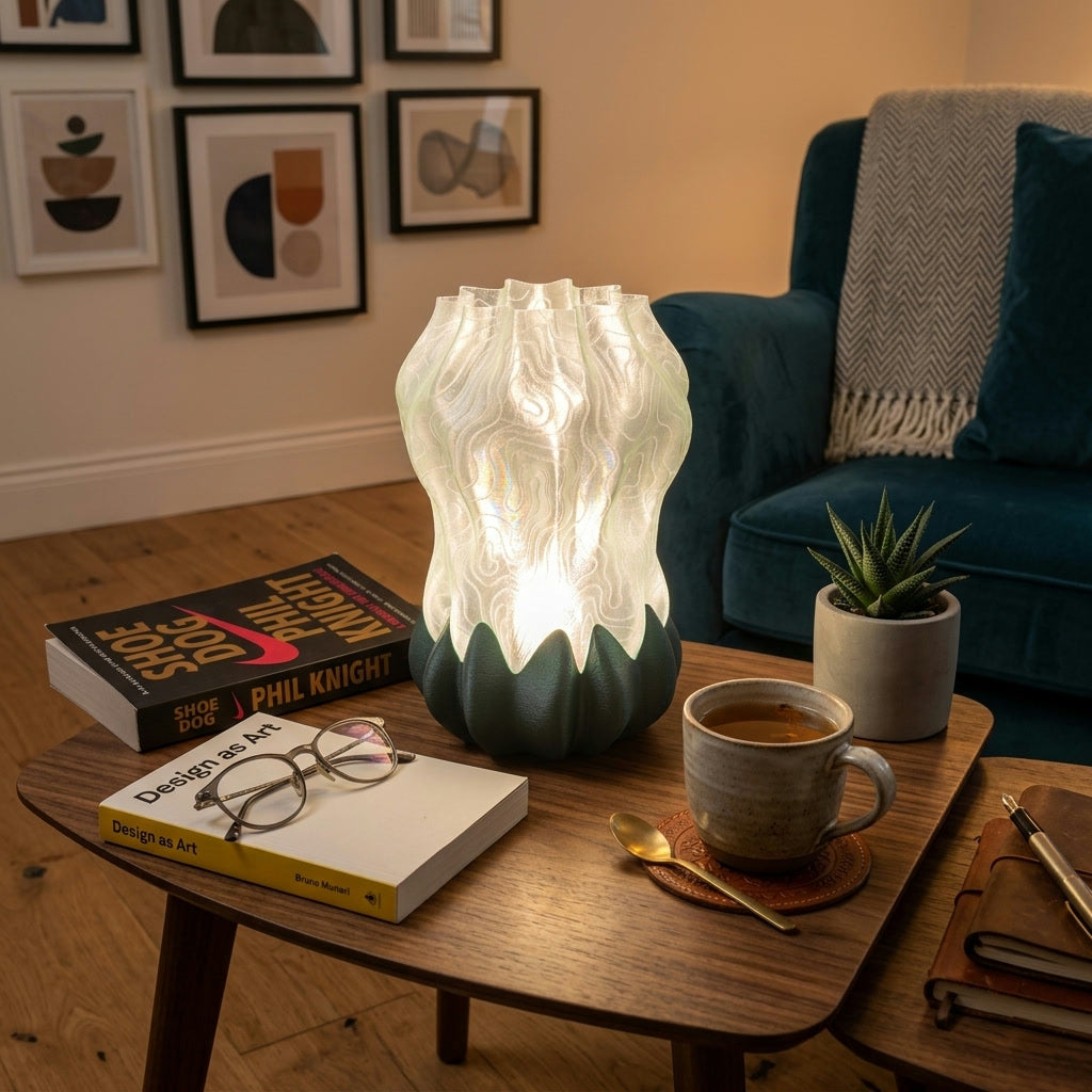 Luma Bloom Lamp — 3D printed flower-shaped table lamp with a glowing translucent shade