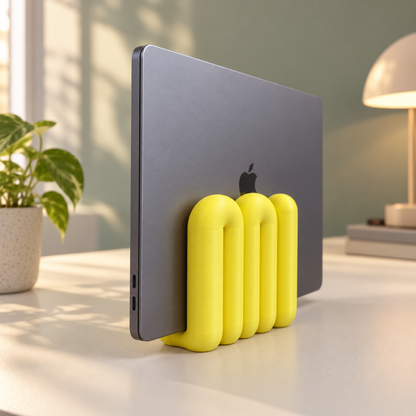 Yellow The Loop Stand holding a closed grey laptop on a cream desk, side view
