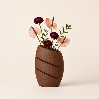 Brown Ellipse Vase styled with blush anthuriums and burgundy flowers