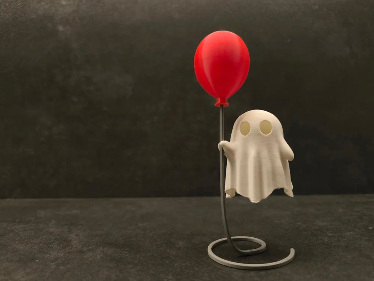 Balloon Ghost - a cheerful ghost tealight holding a red balloon on a wire stand (secondary)