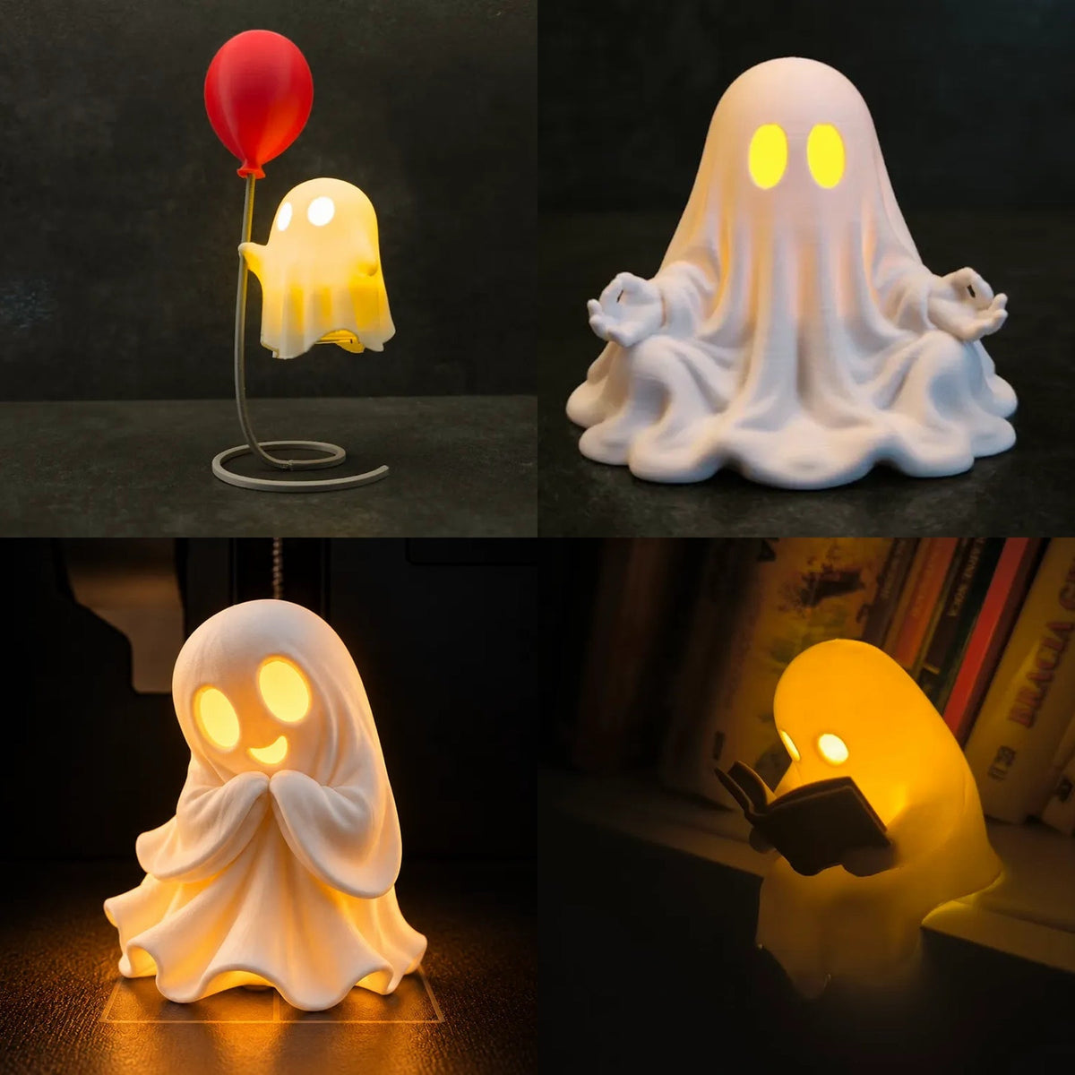Spooky Ghost Tealight Lamp - Pack of 4 showing all four designs: Balloon Ghost, Meditating Ghost, Shy Ghost and Studious Ghost