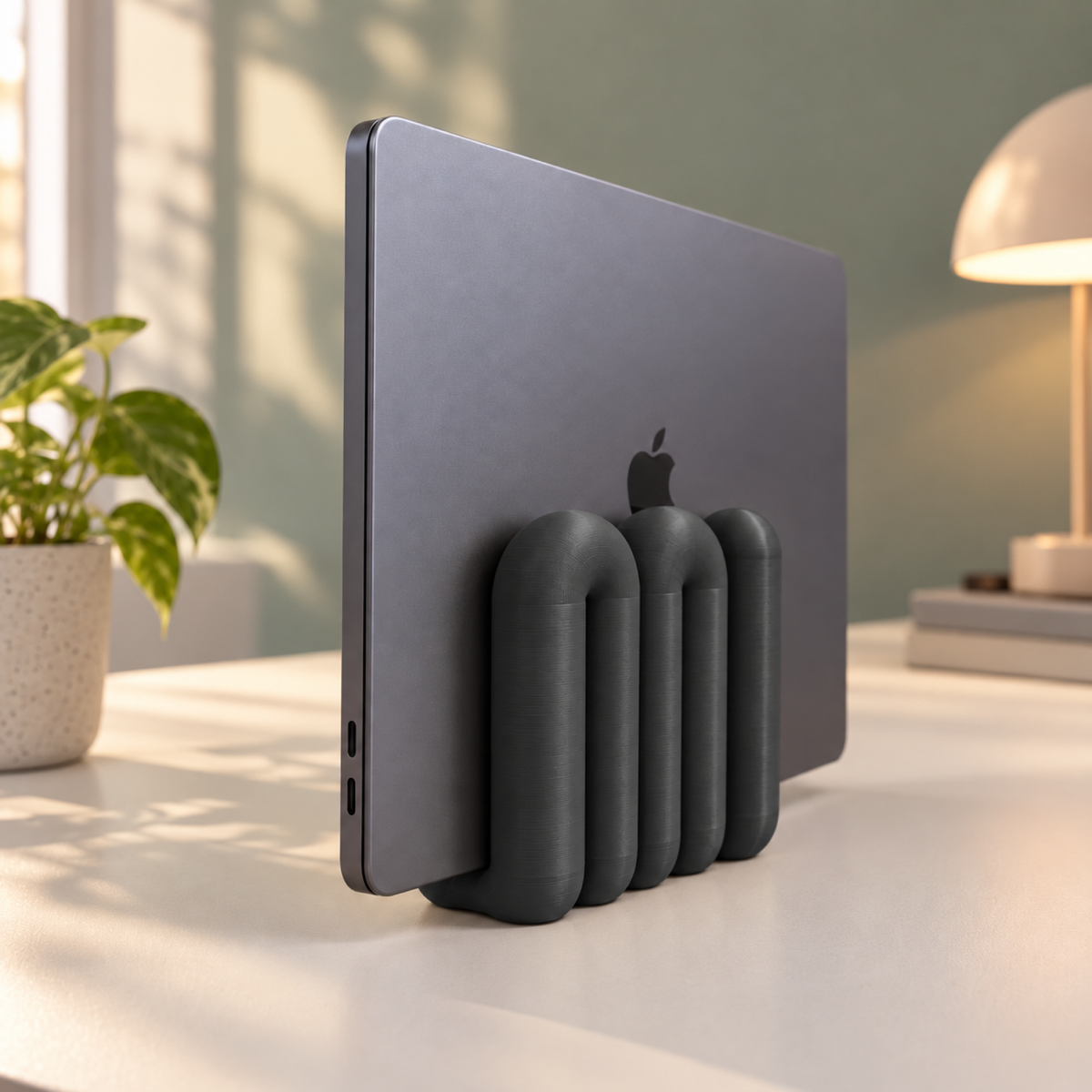 The Loop Stand in black holding a closed grey laptop, side view