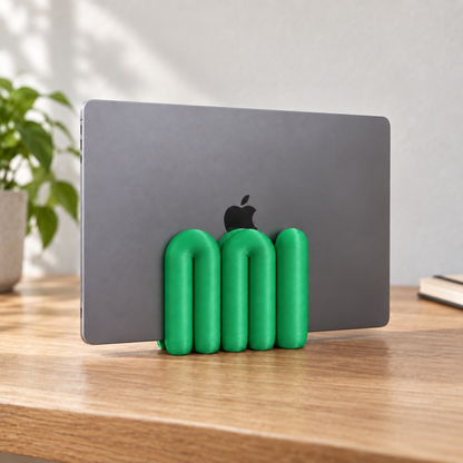The Loop Stand in green holding a closed grey laptop, front view