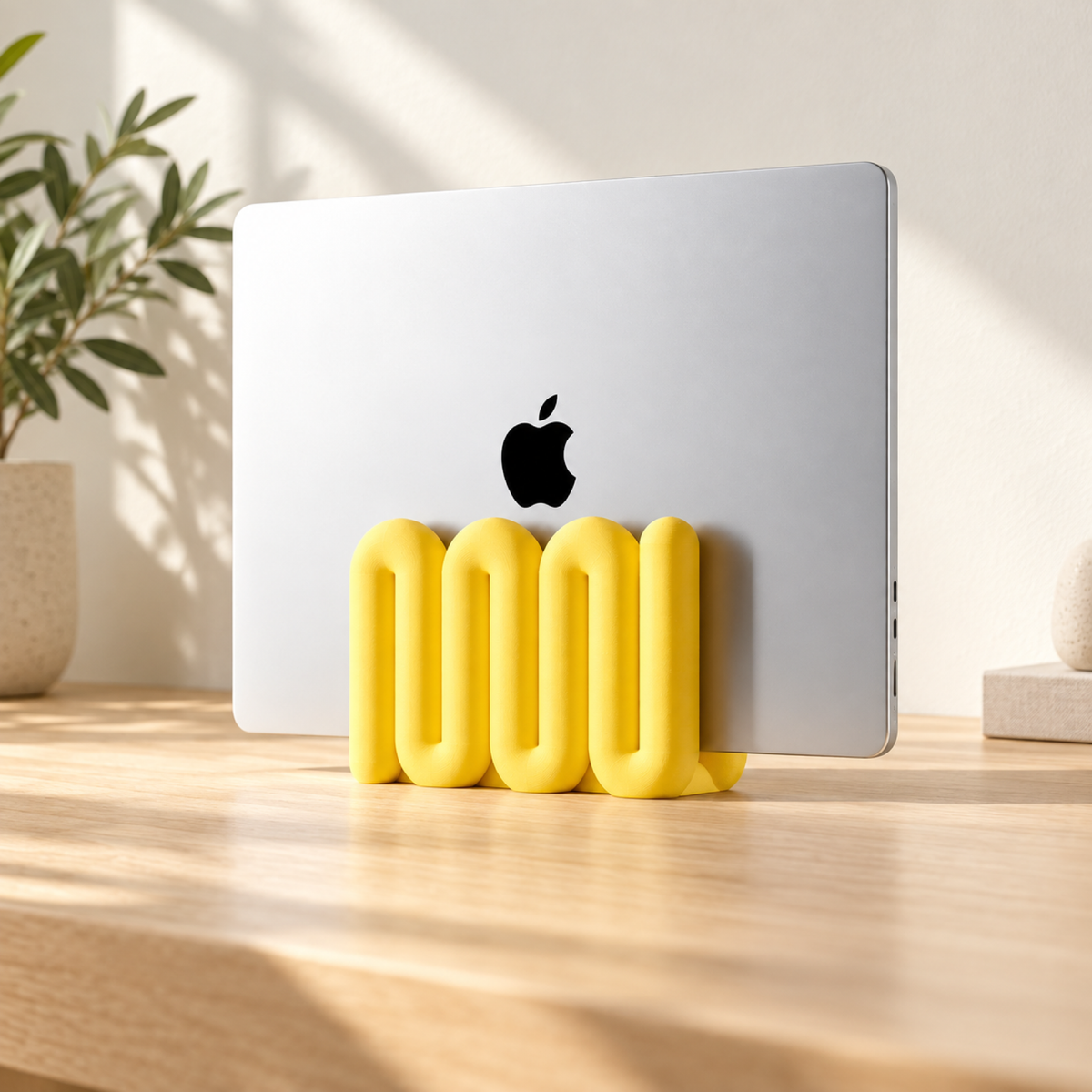 The Loop Stand Large in yellow holding a silver laptop on a desk