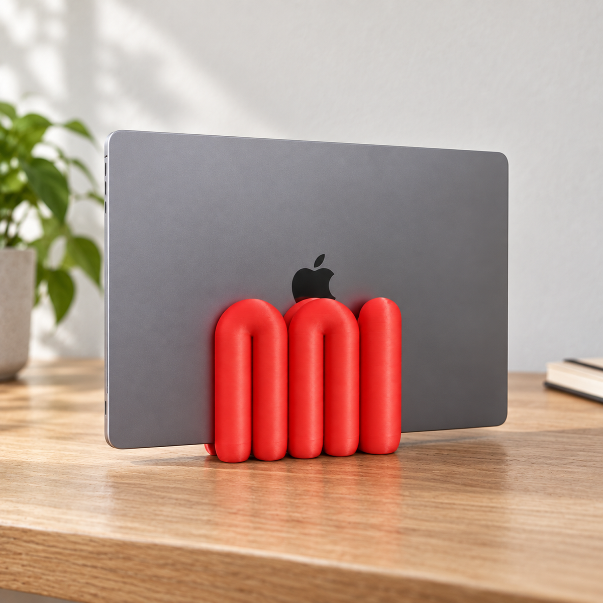 The Loop Stand in red holding a closed grey laptop, front view