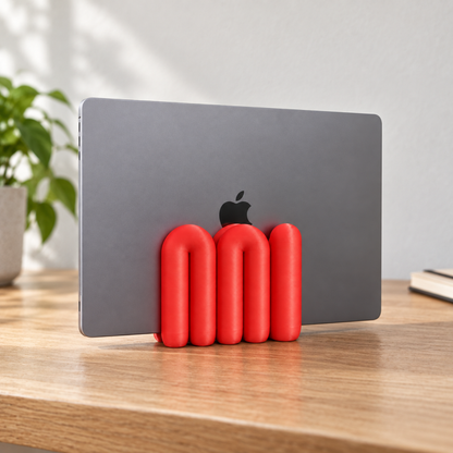 The Loop Stand in red holding a closed grey laptop, front view