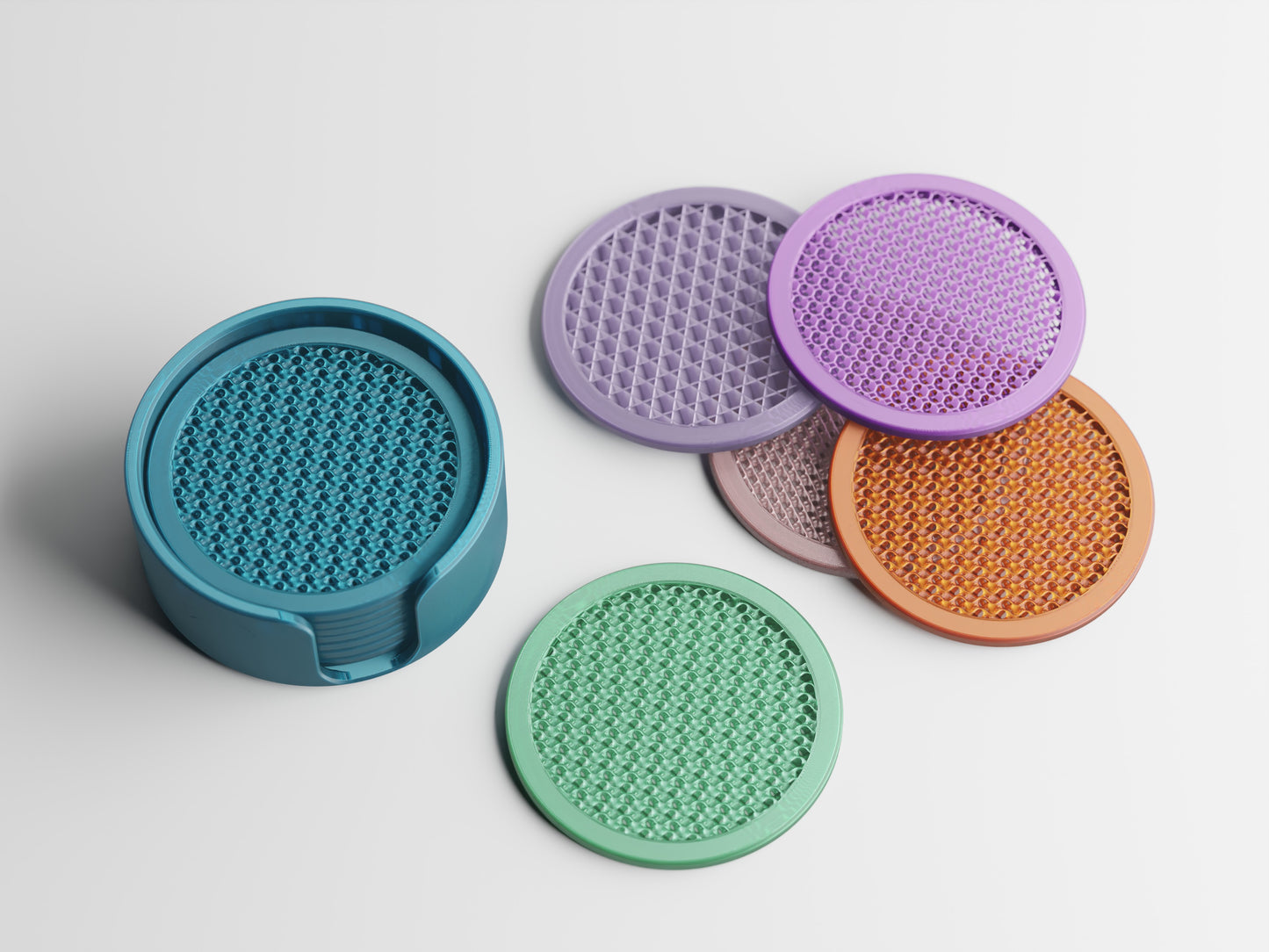 Orbit 3D printed round coasters stacked