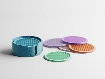 Orbit 3D printed coasters on a table