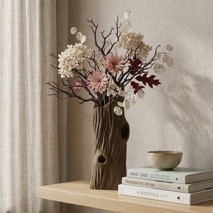 Woody Potter 3D printed decorative tree in caramel brown on a shelf