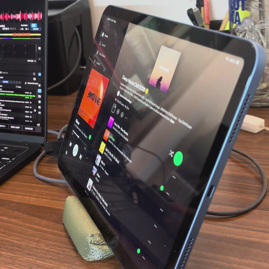 Cushion Bean Pod holding a tablet on a desk