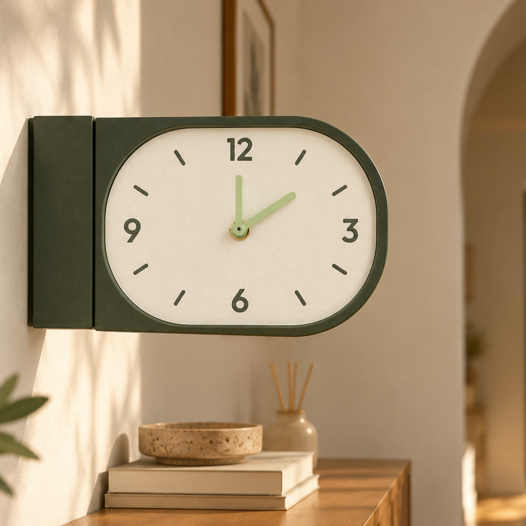 Solace clock in olive, horizontal double-sided on a wall