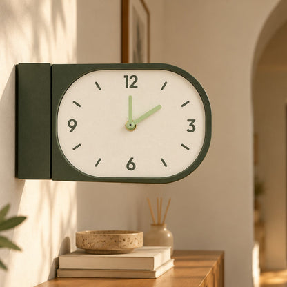 Solace clock in olive, horizontal double-sided on a wall