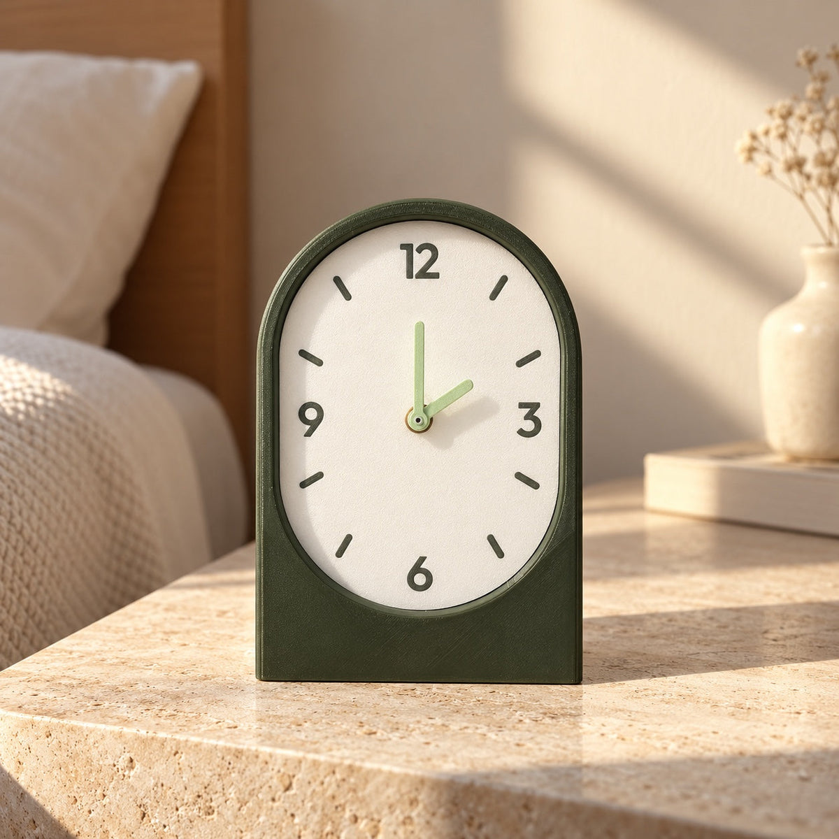 Solace vertical arch clock on a nightstand