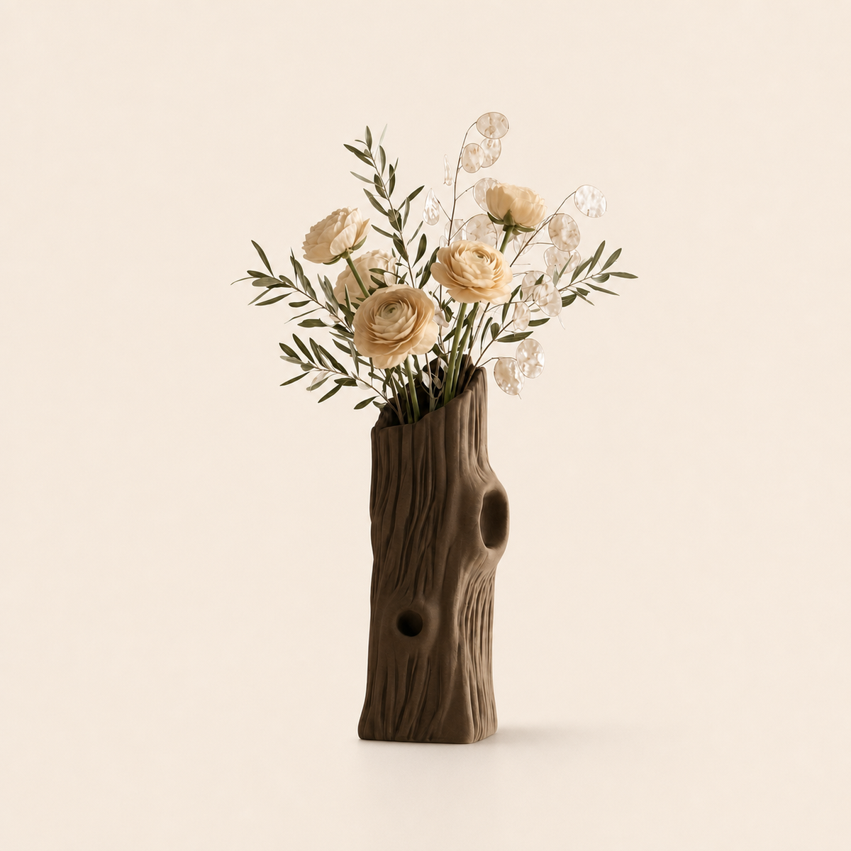 Dark brown Trunklin Vase styled with cream flowers and foliage