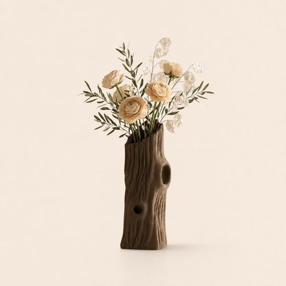 Dark brown Trunklin Vase styled with cream flowers and foliage