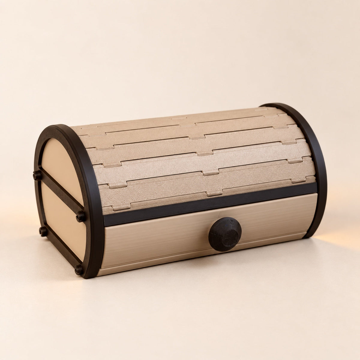 Tambour Vault Storage Box - studio render, closed, tambour slats on top